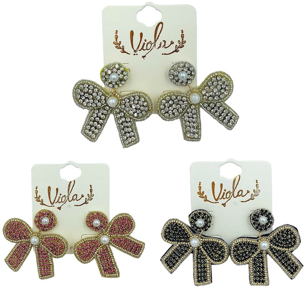 Ribbon Bow Crystal & Pearl Seed Bead Earrings in 3 Colors - Beaded (1.75x1.75in)