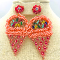 Pink Ice Cream Cone w/ Sprinkles Seed Bead Earrings (1.5x3in)