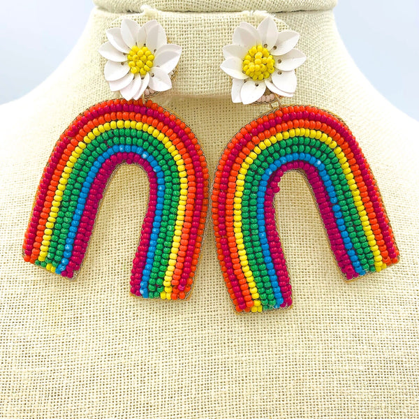 Rainbow Daisy Flower Seed Bead Earrings (2x2.75in)