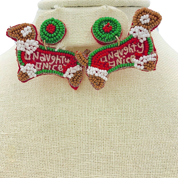 Naughty or Nice Dachshund Christmas Seed Bead Earrings - Beaded (2x1.5in)
