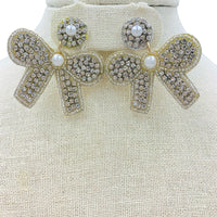 Ribbon Bow Crystal & Pearl Seed Bead Earrings in 3 Colors - Beaded (1.75x1.75in)