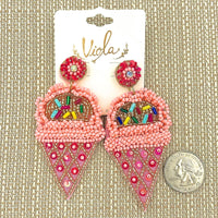 Pink Ice Cream Cone w/ Sprinkles Seed Bead Earrings (1.5x3in)