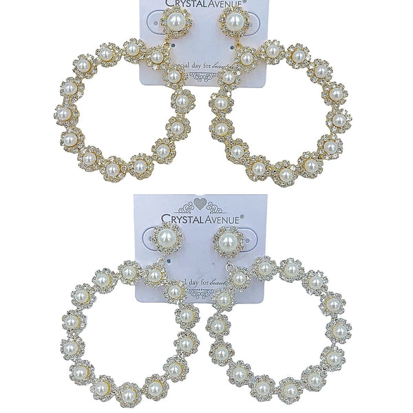 Pearl & Rhinestone Round Dangle 50mm Earrings in Silver or Gold (2x2.75in)