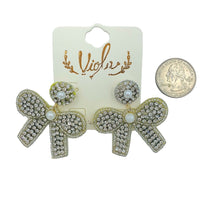 Ribbon Bow Crystal & Pearl Seed Bead Earrings in 3 Colors - Beaded (1.75x1.75in)
