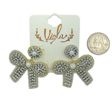 Ribbon Bow Crystal & Pearl Seed Bead Earrings in 3 Colors - Beaded (1.75x1.75in)