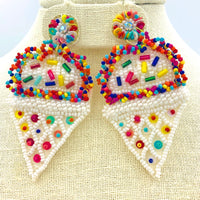 White Ice Cream Cone w/ Sprinkles Seed Bead Earrings (1.5x3in)