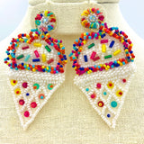 White Ice Cream Cone w/ Sprinkles Seed Bead Earrings (1.5x3in)