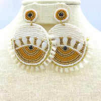 Evil Eye Tassel Seed Bead Earrings in Black or White (2.25x2.5in)