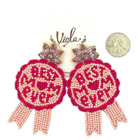 "Best Mom Ever" Ribbon Seed Bead Earrings - (3.25x2.0in)