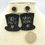 Happy New Year Top Hat Seed Bead Dangle Earrings (1.5x2in)