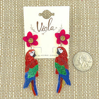 Acrylic Parrot & Flower Dangle Glitter Earrings (1x3.5in)