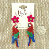 Acrylic Parrot & Flower Dangle Glitter Earrings (1x3.5in)