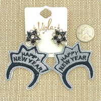 Happy New Year Themed Tiara Embroidered Beaded Dangle Earrings (2.25x3in)