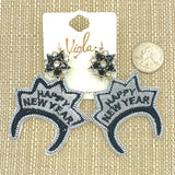 Happy New Year Themed Tiara Embroidered Beaded Dangle Earrings (2.25x3in)