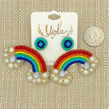 Rainbow & Pearls Beaded Dangle Earrings (2.5x2in)