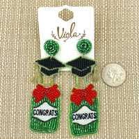 "Congrats" Graduation Beaded Cap and Bottle Earrings (3.5x1.25in)