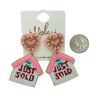 "Just Sold" Real Estate Themed Beaded Earrings (1.5x2.25in)