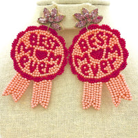 "Best Mom Ever" Ribbon Seed Bead Earrings - (3.25x2.0in)