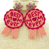 "Best Mom Ever" Ribbon Seed Bead Earrings - (3.25x2.0in)