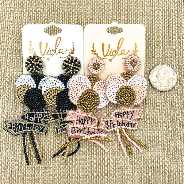Beaded Happy Birthday Balloons Earrings in Black or Pink (1.5x3.5in)