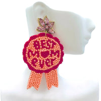 "Best Mom Ever" Ribbon Seed Bead Earrings - (3.25x2.0in)