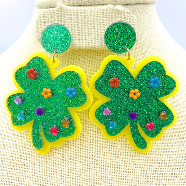 Saint Patrick's Day Green Glitter Clover Earrings (1.75x2.5in)