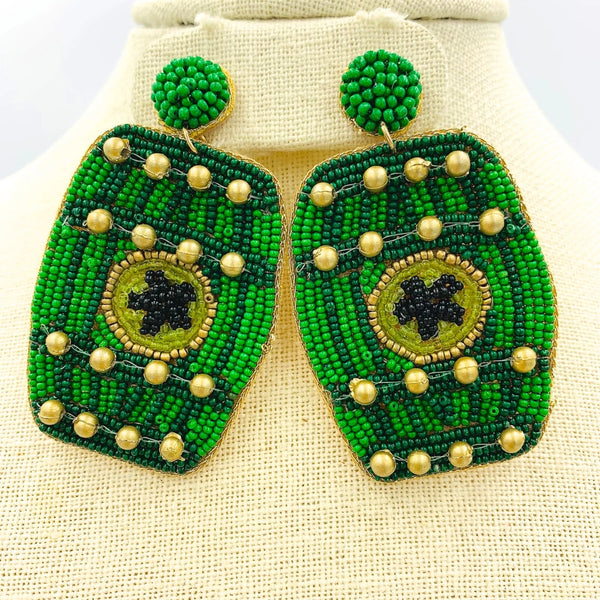 Saint Patrick's Day Themed Beer Barrel Beaded Earrings (1.5x2.5in)