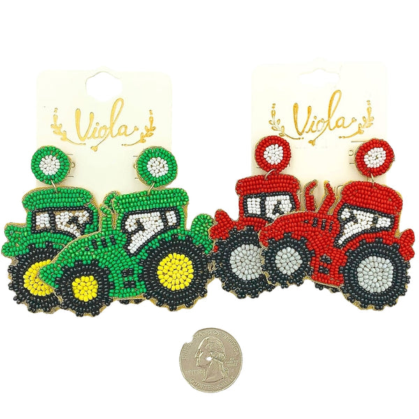 Tractor Seed Bead Earrings in Green or Red (2.5x2.5in)