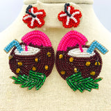 Coconut Cocktail Beaded Beach Themed Earrings (1.75x3in)