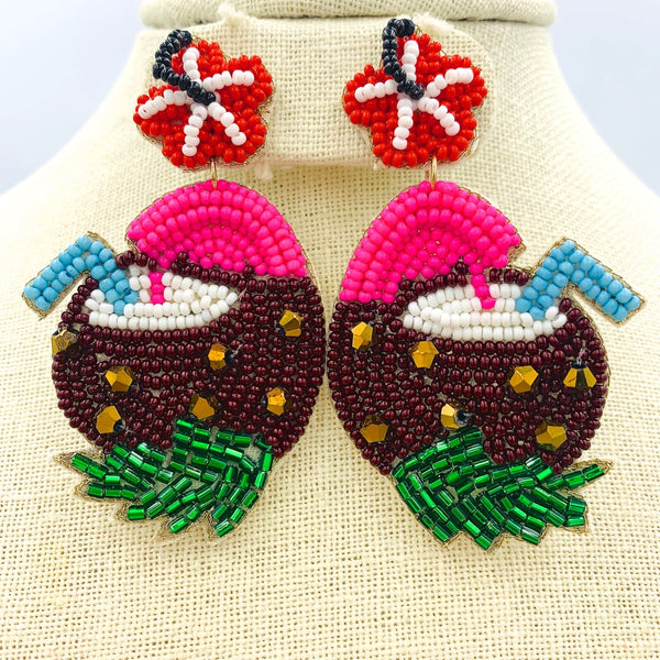 Coconut Cocktail Beaded Beach Themed Earrings (1.75x3in)