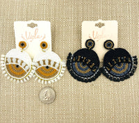 Evil Eye Tassel Seed Bead Earrings in Black or White (2.25x2.5in)