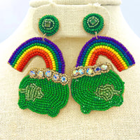 Saint Patrick's Day Themed Rainbow Pot of Gold Beaded Earrings (1.75x2.5in)