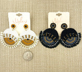 Evil Eye Tassel Seed Bead Earrings in Black or White (2.25x2.5in)
