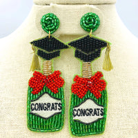 "Congrats" Graduation Beaded Cap and Bottle Earrings (3.5x1.25in)