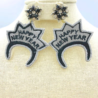Happy New Year Themed Tiara Embroidered Beaded Dangle Earrings (2.25x3in)