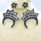 Happy New Year Themed Tiara Embroidered Beaded Dangle Earrings (2.25x3in)