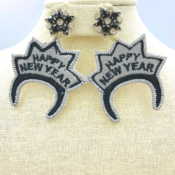 Happy New Year Themed Tiara Embroidered Beaded Dangle Earrings (2.25x3in)