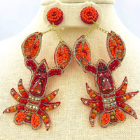 Red Crawfish Seed Bead Earrings - Crayfish, Beaded, Viola (1.75x4in)