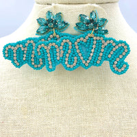 "Mom" Themed Beaded Earrings in Pink or Turquoise  (1.75x2.5in)