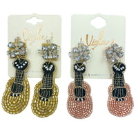 Guitar Seed Bead Dangle Earrings in Gold or Pink (1x2.75in)