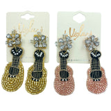 Guitar Seed Bead Dangle Earrings in Gold or Pink (1x2.75in)