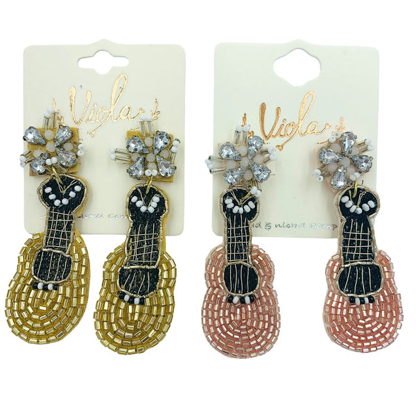 Guitar Seed Bead Dangle Earrings in Gold or Pink (1x2.75in)