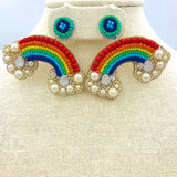 Rainbow & Pearls Beaded Dangle Earrings (2.5x2in)
