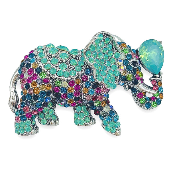 Multi-Color Crystal Studded Elephant Brooch Pin (2.5x1.5in)