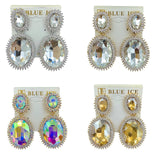 Clip On 2 Tier Oval Crystal Rhinestone Dangle Earrings - 4 Colors (1.2x2.6in)