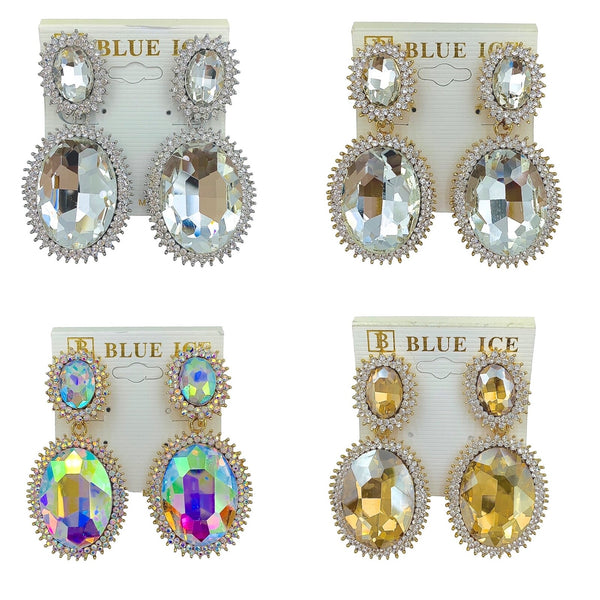 Clip On 2 Tier Oval Crystal Rhinestone Dangle Earrings - 4 Colors (1.2x2.6in)