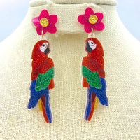 Acrylic Parrot & Flower Dangle Glitter Earrings (1x3.5in)