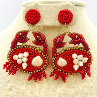 Red Crab Pearl & Seashell Beaded Earrings (1.5x2in)
