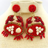 Red Crab Pearl & Seashell Beaded Earrings (1.5x2in)