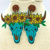 Seed Bead Sunflower Longhorn Earrings in 2 Colors (2x2.5in)
